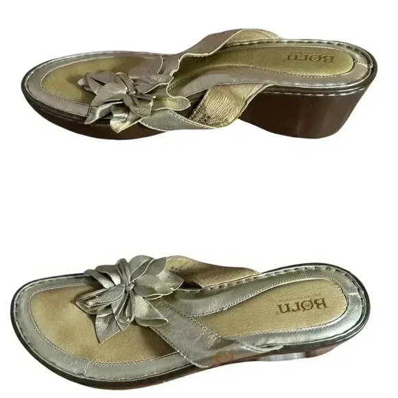 Born Gold Leather Floral Wedge Thong Sandal Women's Size 10 US 42 EU Very Nice - Picture 3 of 12